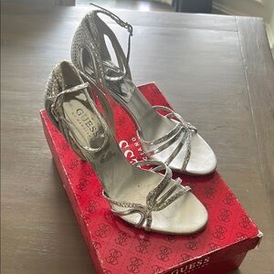 GUESS Silver Strappy Women's 4 inch Heels Sz 6.5
